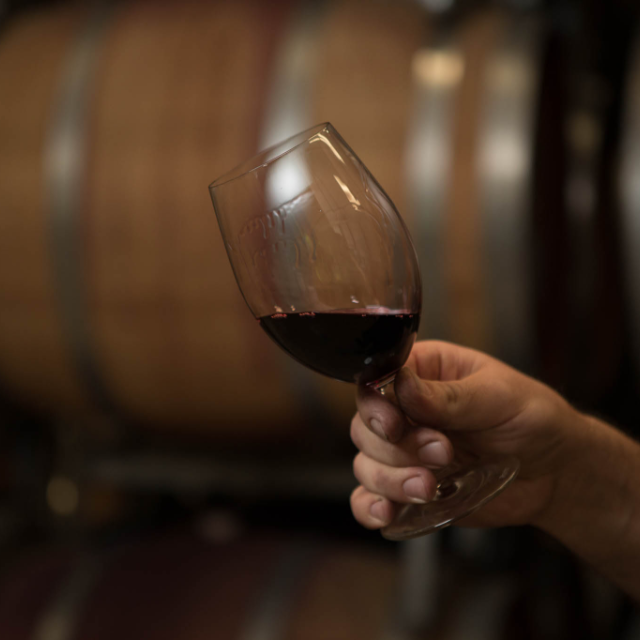 Glass of red wine with legs showing in the Nugan Estate Cellar - red wine types: shiraz, cabernet sauv, merlot, sangiovese, cabernet merlot, durif wine, pinot noir, zinfandel wine
